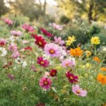 Flor cosmos em diferentes cores cultivada em um jardim ensolarado