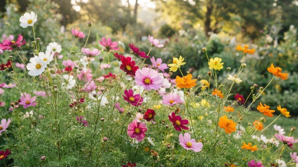 Flor cosmos em diferentes cores cultivada em um jardim ensolarado
