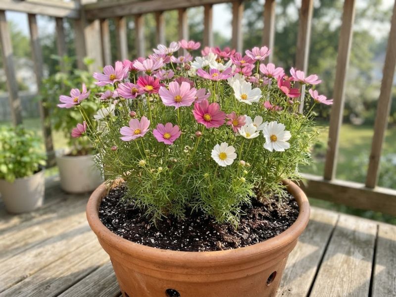 Flor cosmos cultivada em vaso grande em uma varanda ensolarada