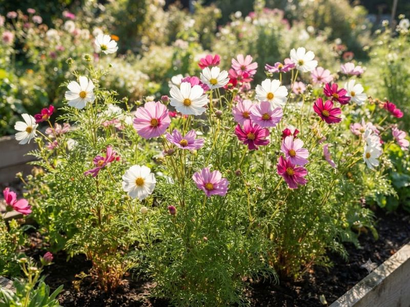 Flores cosmos recebendo luz direta do sol em um canteiro aberto