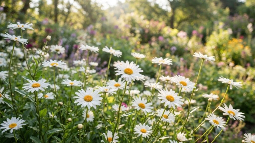 Flor margarida branca cultivada em jardim ensolarado