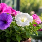 Flor petúnia colorida em vaso com flores rosas, roxas e brancas