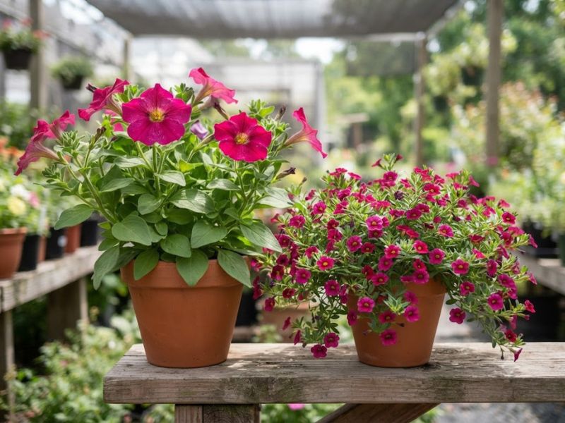Flor petúnia com flores grandes ao lado de uma calibrachoa pendente