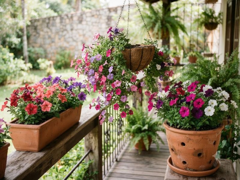 Flor petúnia compacta e pendente cultivada em vaso, jardineira e cuia