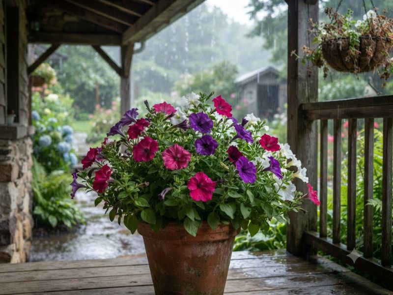 Flor petúnia protegida da chuva forte sob o beiral de uma varanda