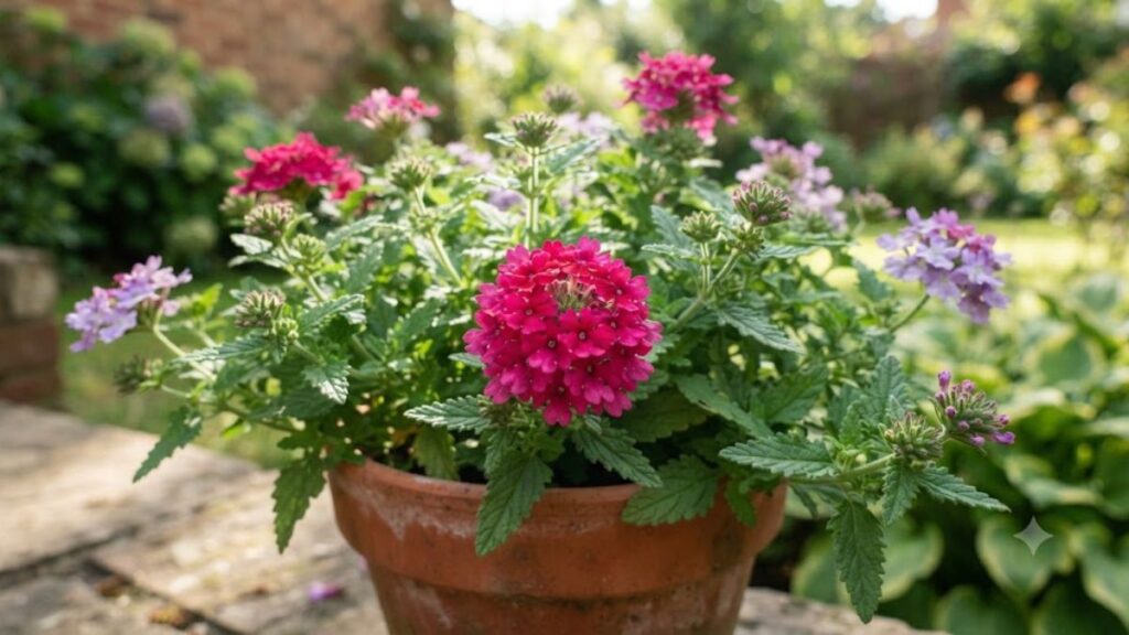 Flor verbena rosa cultivada em vaso sob a luz do sol