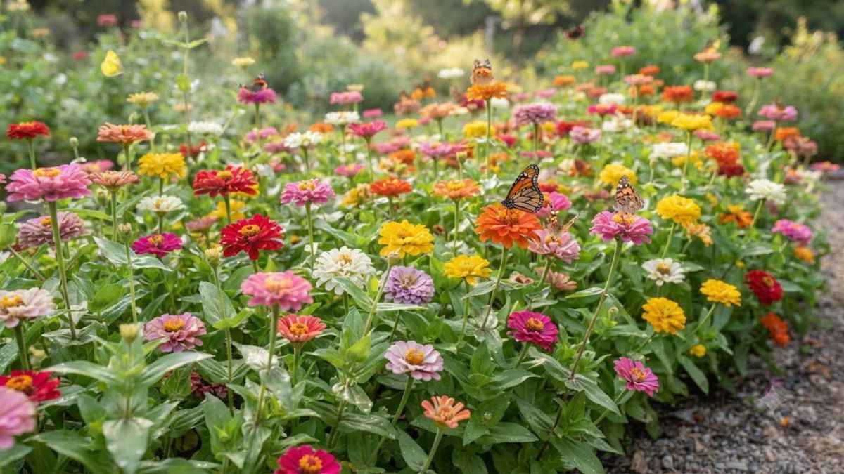 Flor zínia em canteiro colorido e ensolarado