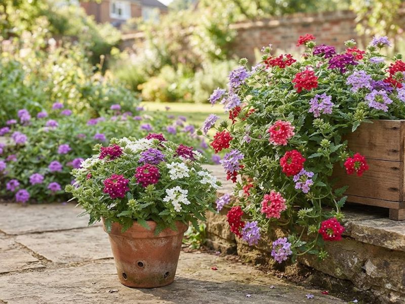 Flores verbenas cultivadas em vaso, jardineira e canteiro