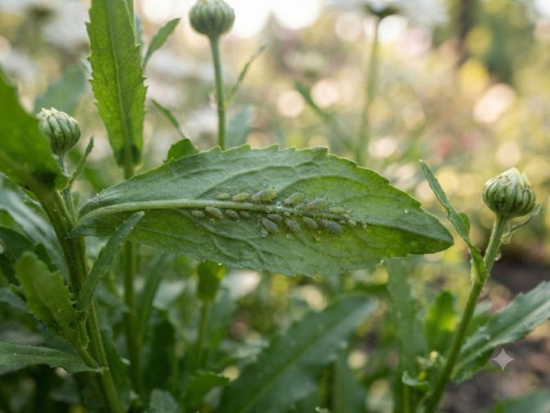Folha de flor margarida com presença de pulgões