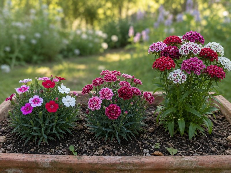 Tipos de flor cravina compacta, dobrada e com flores em cachos