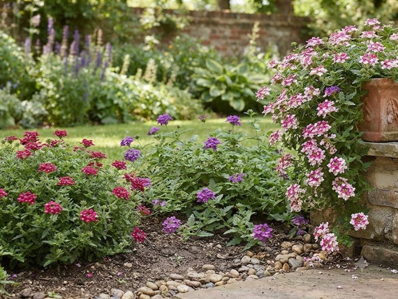 Verbena compacta, rasteira e pendente cultivadas em jardim