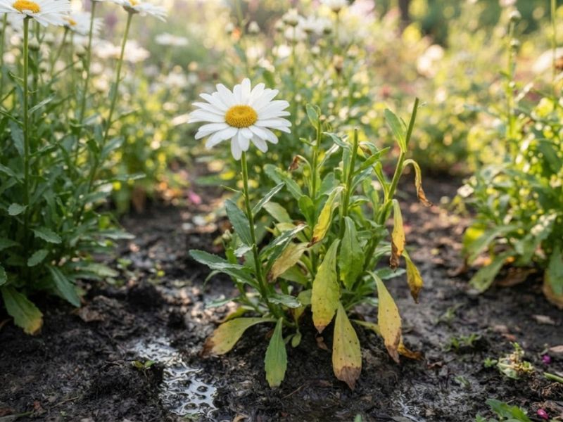 Flor margarida com folhas amareladas e sinais de estresse