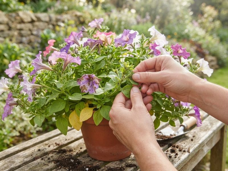 Flor petúnia com folhas amareladas, pétala danificada e pulgões nos brotos