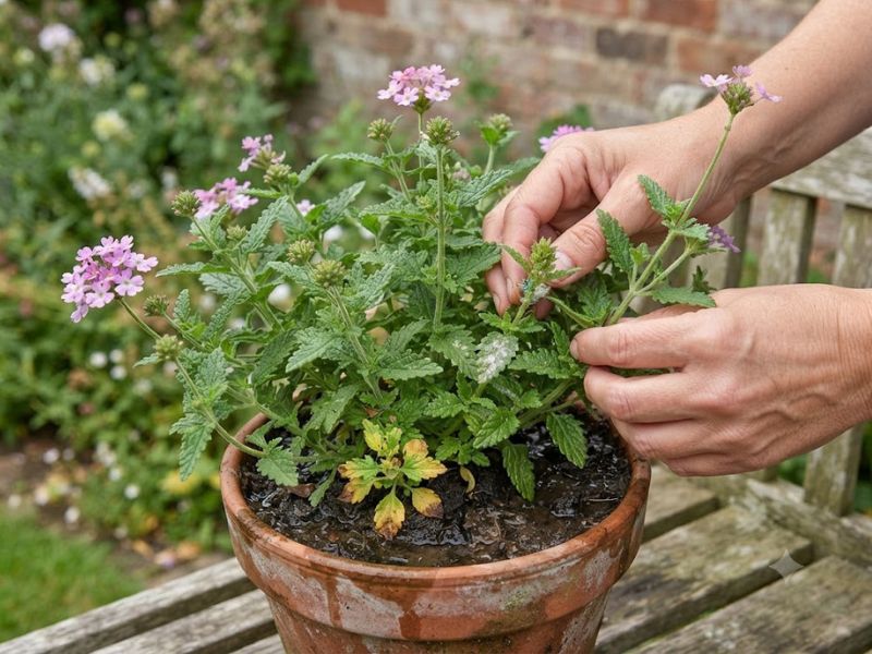 Verbena com folhas amareladas e sinais de excesso de umidade