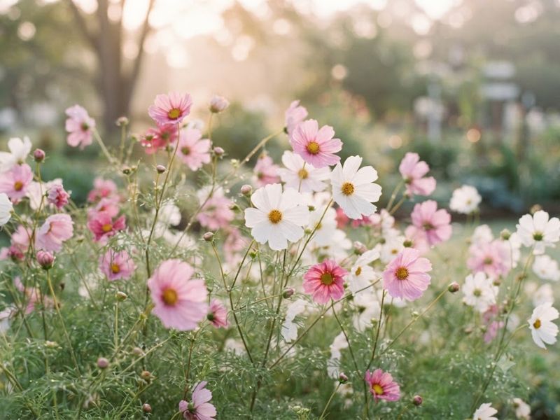 Flores cosmos brancas e rosas associadas à harmonia e serenidade
