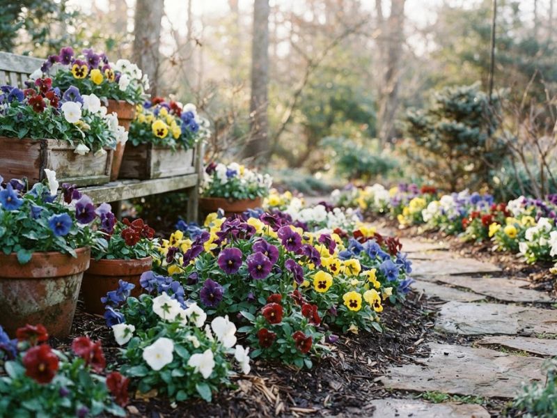 Jardim de inverno colorido com flores amor-perfeito em vasos e canteiros