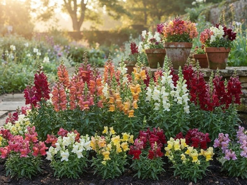 Jardim colorido com flor boca-de-leão cultivada em vasos e canteiros