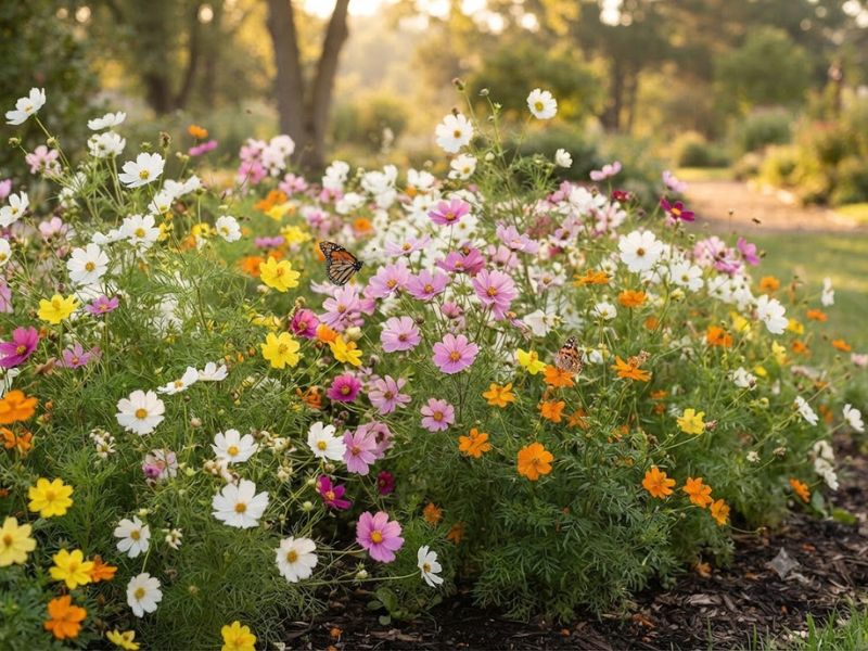 Jardim florido com cosmos de várias cores e borboletas próximas às flores