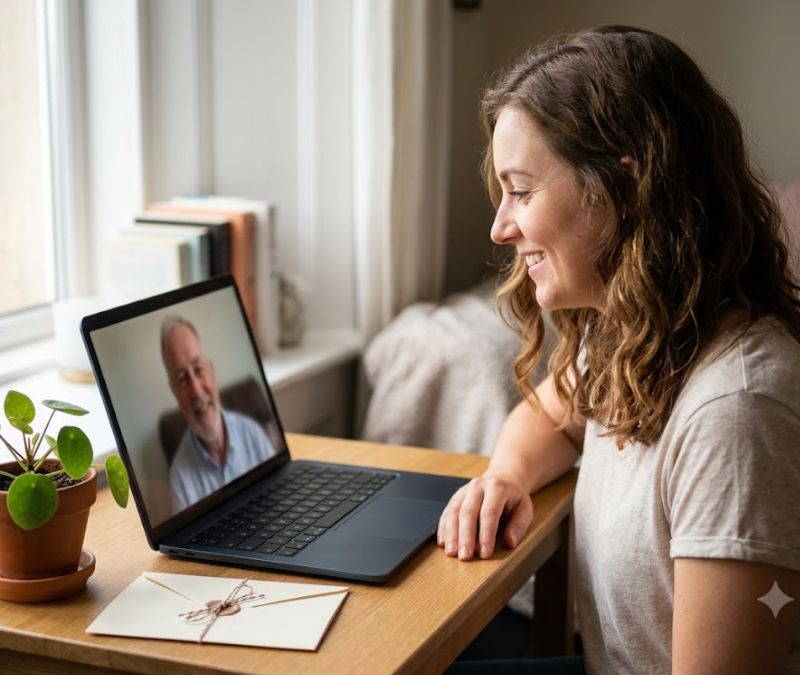 Pessoa conversando com o pai por chamada de vídeo ao lado de cartão e planta