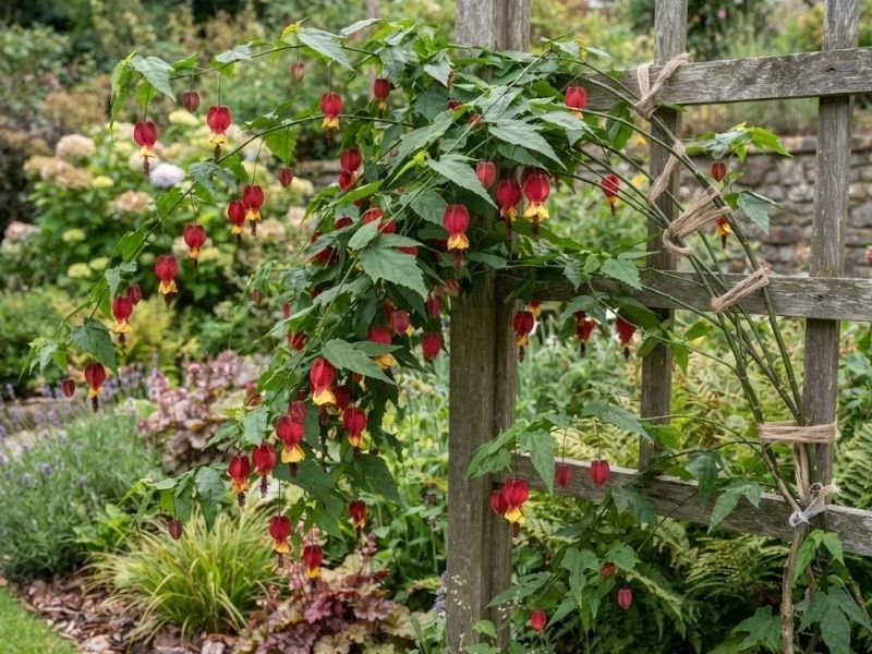 Arbusto escandente Abutilon megapotamicum com ramos conduzidos sobre treliça