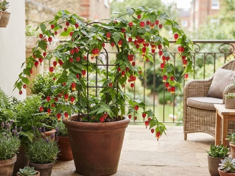 Abutilon megapotamicum florido em vaso grande com treliça de apoio