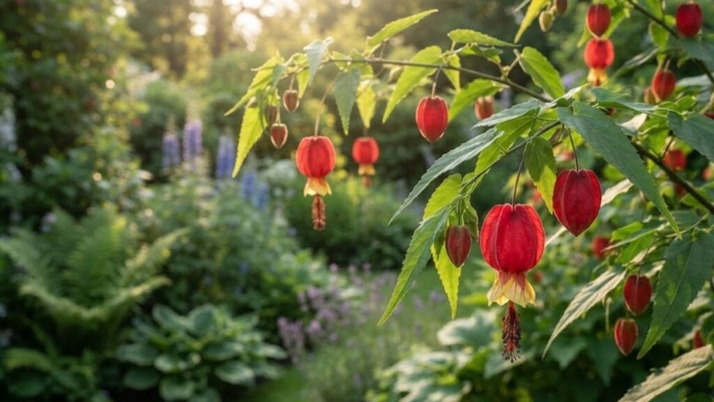 Flores vermelhas e amarelas do Abutilon megapotamicum pendentes em jardim iluminado