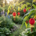 Flores vermelhas e amarelas do Abutilon megapotamicum pendentes em jardim iluminado