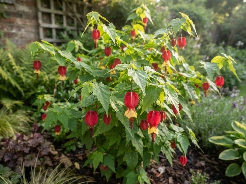 Abutilon megapotamicum florido recebendo sol suave da manhã no jardim