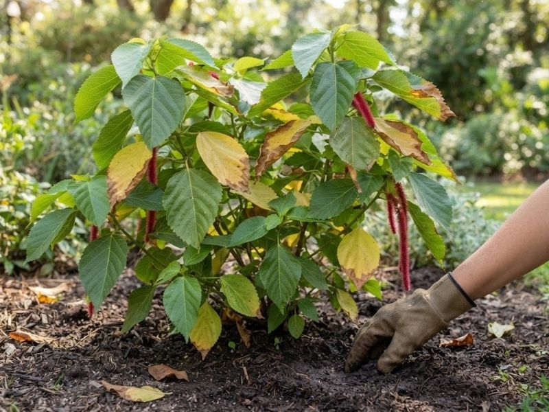 Acalifa macarrão com folhas amareladas, bordas secas e poucas inflorescências.