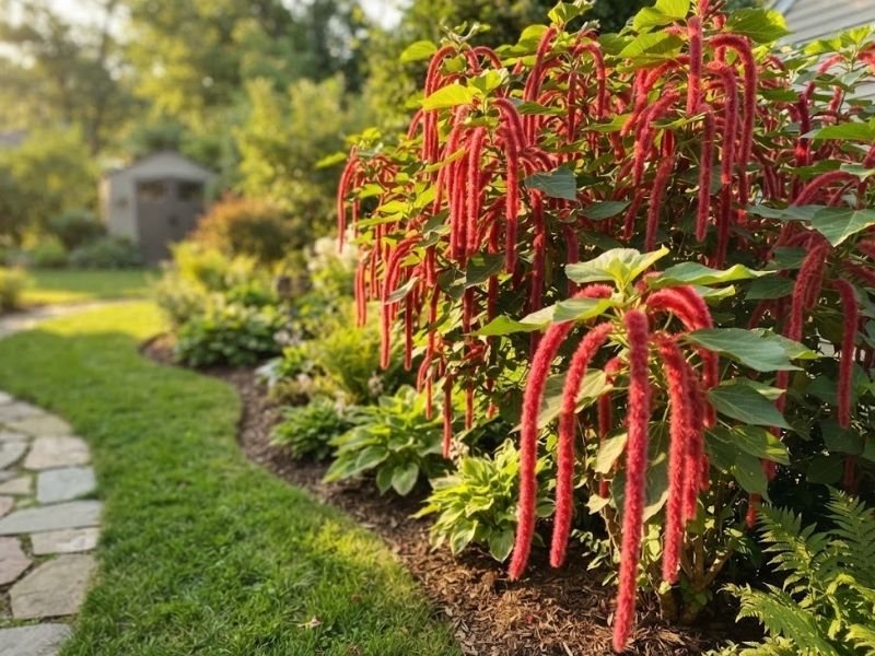 Grande acalifa macarrão com cordões vermelhos acompanhando um caminho de jardim.