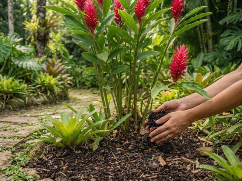 Composto orgânico sendo aplicado ao redor da alpínia purpurata