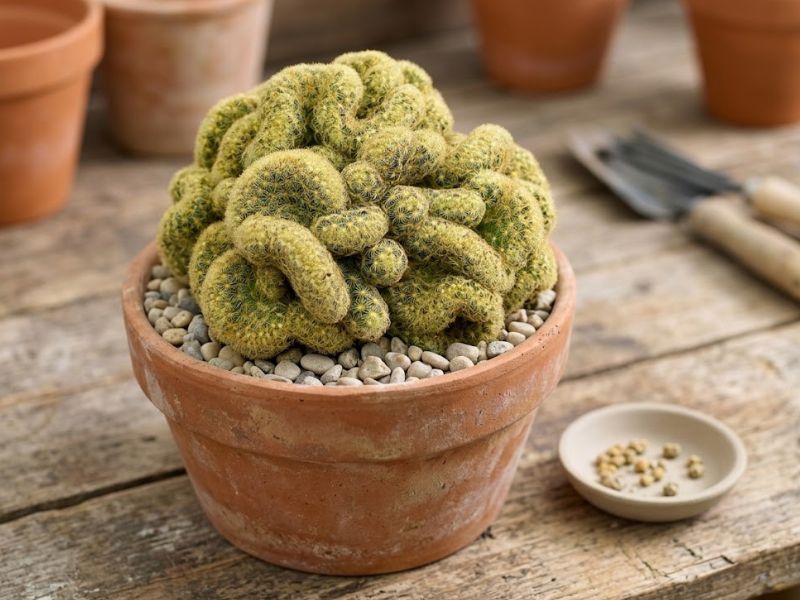 Cacto cérebro em vaso ao lado de pequena quantidade de adubo