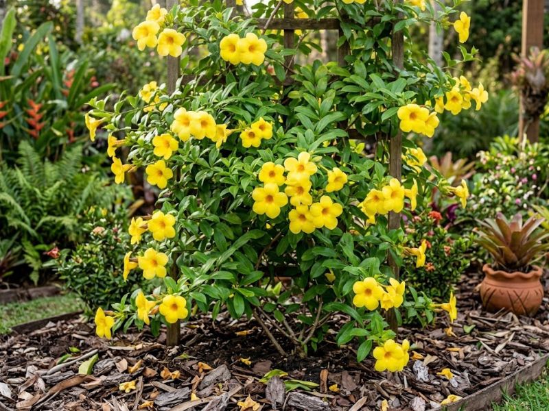 Alamanda amarela saudável com muitas flores em jardim