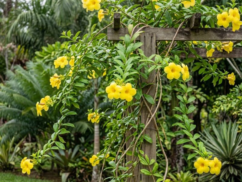 Alamanda amarela com ramos longos, folhas verdes e flores amarelas