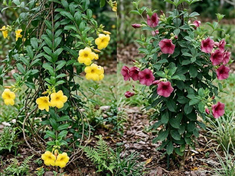 Alamanda amarela e alamanda roxa lado a lado mostrando diferenças entre as plantas