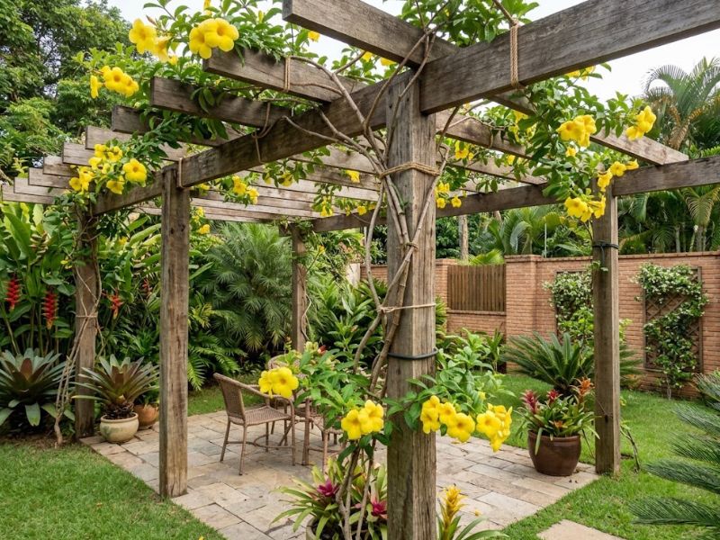 Alamanda amarela conduzida sobre pergolado de madeira em jardim
