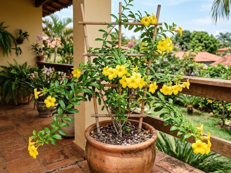 Alamanda amarela cultivada em vaso grande com suporte para os ramos