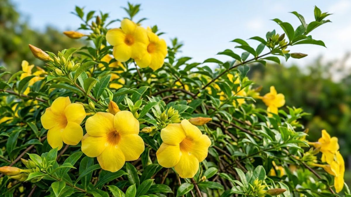 Alamanda amarela florida com flores amarelas e folhagem verde em jardim