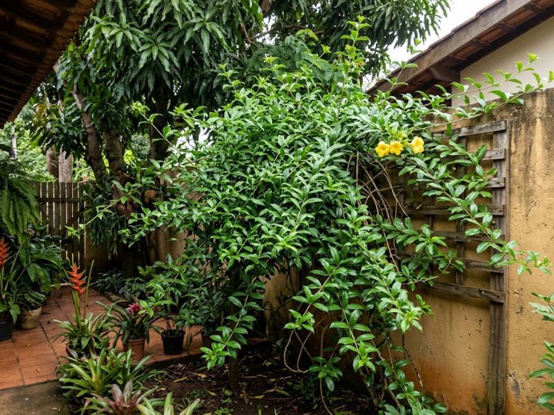 Alamanda com muitos ramos e folhas verdes mas poucas flores