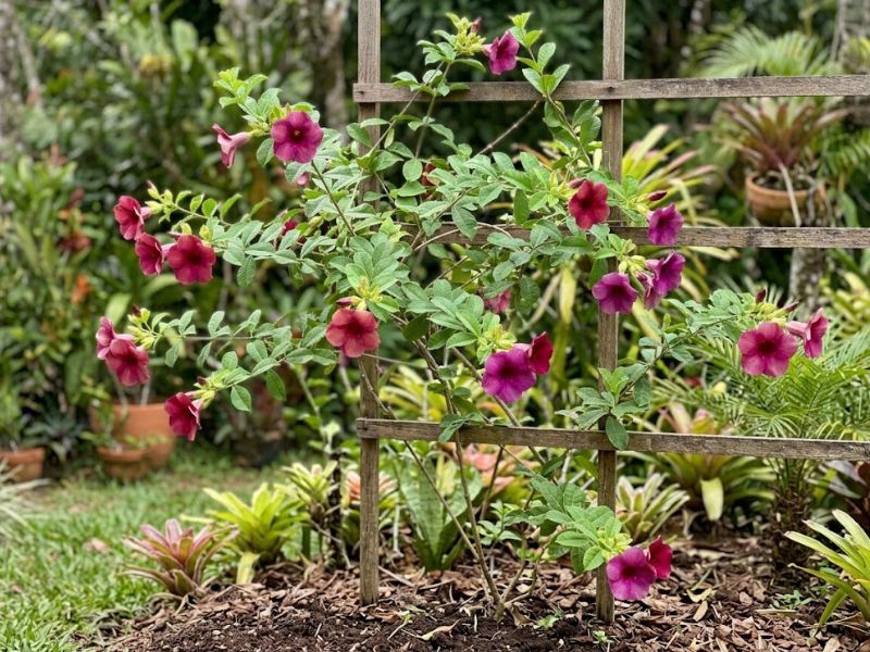 Alamanda roxa saudável com várias flores rosa púrpura