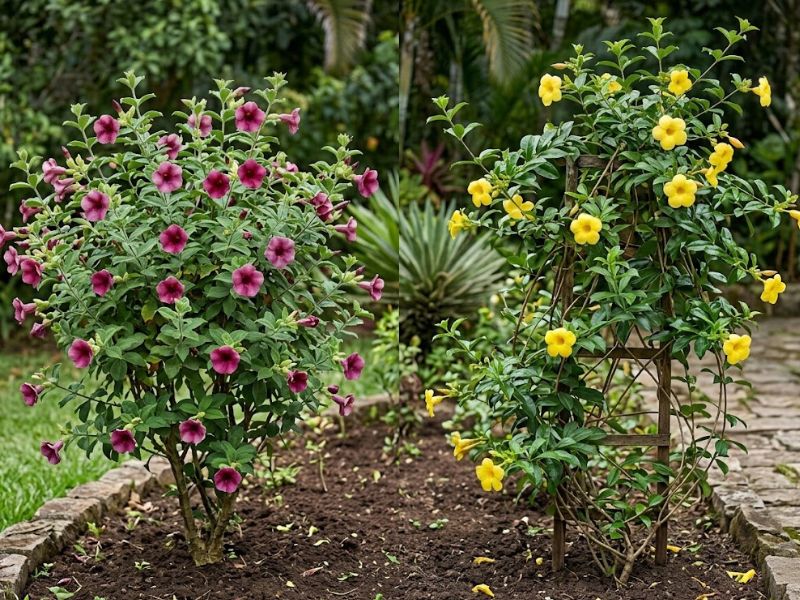 Alamanda roxa e alamanda amarela lado a lado mostrando diferenças entre as espécies