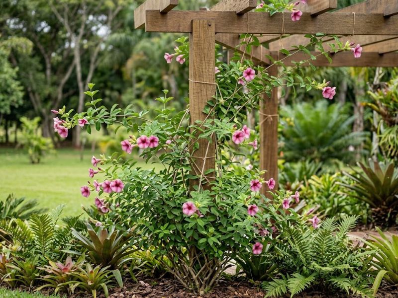 Alamanda roxa conduzida em estrutura de pergolado no jardim