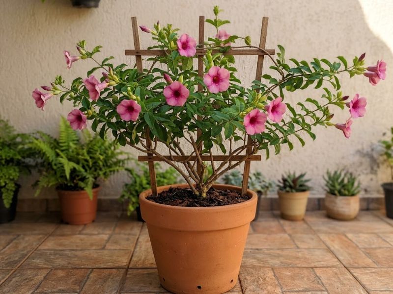 Alamanda roxa florida cultivada em vaso grande com suporte