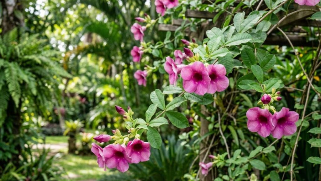 Alamanda roxa florida com ramos e flores rosa púrpura em jardim