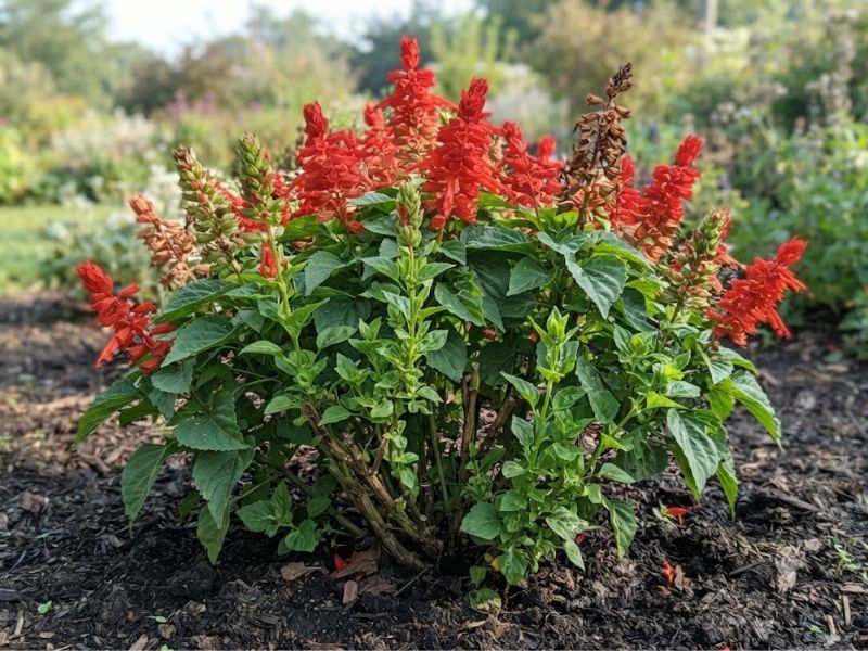 Alegria de jardim adulta com caules antigos, novos brotos e espigas vermelhas