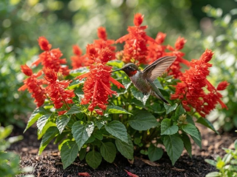 Beija-flor visitando as flores tubulares vermelhas da alegria de jardim