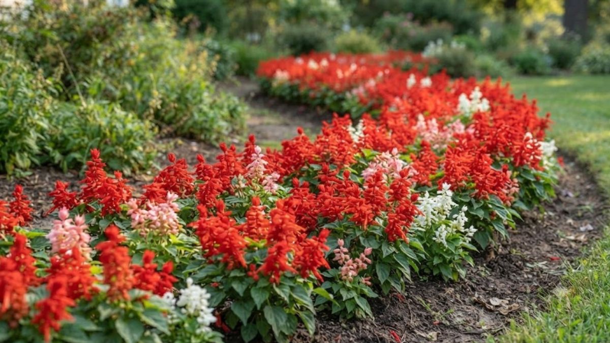 Canteiro curvo de alegria de jardim com flores vermelhas, rosas e brancas