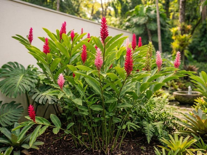 Alpínia purpurata saudável com várias flores vermelhas no jardim