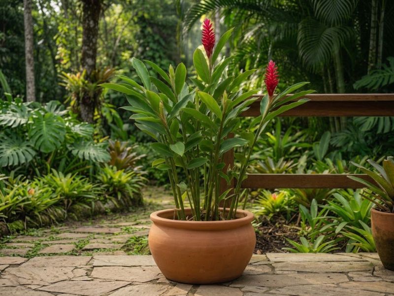 Alpínia purpurata florida cultivada em vaso grande