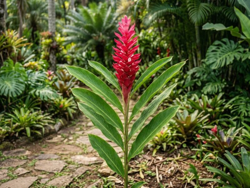 Alpínia purpurata com folhas verdes e inflorescência vermelha